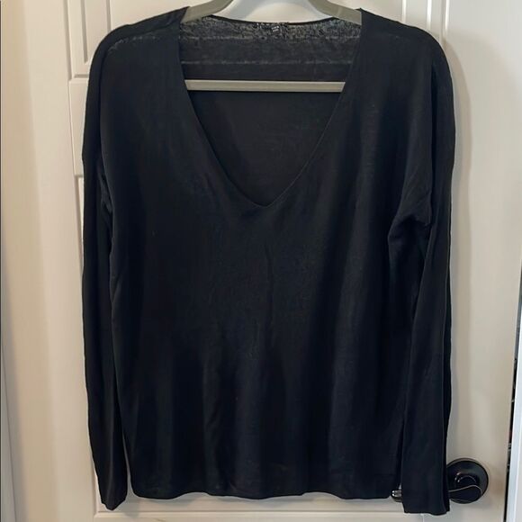 Theory Randelle Sag Harbor Linen Blend Black V-Neck Women's Top - Picture 1 of 7